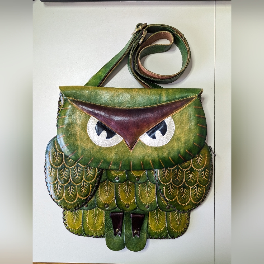 Gently Used Leather Owl Handbag Green Yellow and Brown